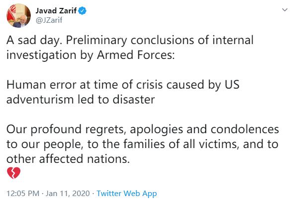 伊朗外长发文致歉 伊朗承认击落客机