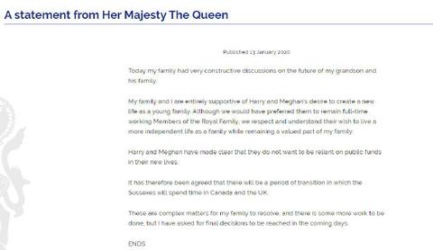 女王支持哈里决定 称尊重并理解他们的新生活